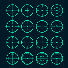 Target set. Sight symbol black colored. Set of 16 sight. Target aim and aiming to bullseye signs symbol. Vector