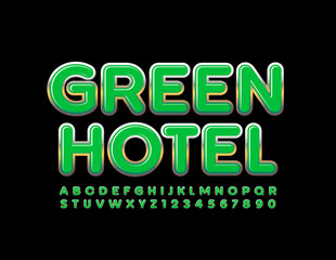 Vector bright emblem Green Hotel. Original stylish Font. Trendy Alphabet Letters, Numbers and Symbols.