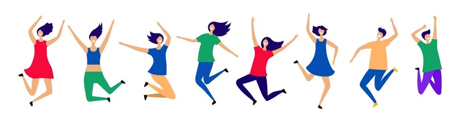 Fototapeta na wymiar Happy flying and jumping people vector characters. Illustration of happy active people, jump boy and girl