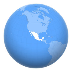 Mexico on the globe. Earth centered at the location of the United Mexican States. Map of Mexico. Includes layer with capital cities.