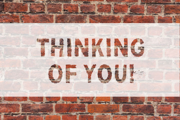 Fototapeta na wymiar Handwriting text writing Thinking Of You. Concept meaning To have somebody on mind remembering a demonstrating with love Brick Wall art like Graffiti motivational call written on the wall