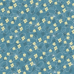 Simple floral background with white flowers on a blue background. Drawn floral textures. Blue ornament to decorate fabrics, tiles and paper and wallpaper on the wall.