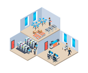 Printing house. Production industry polygraphy print technology company vector interior of printing house. Illustration of isometric digital equipment printer