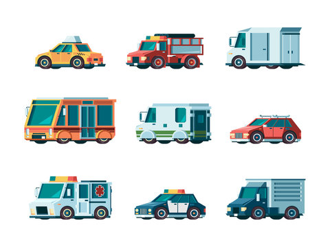 Flat cars. City traffic municipal vehicle fire ambulance police post office taxi truck bus and collector car vector orthogonal pictures. Transport vehicle, car police and ambulance illustration