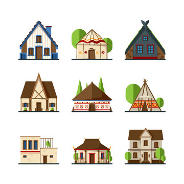 Traditional buildings. Houses and constructions of different countries europe asian indian african tent vectors. Building architecture, house traditional exterior illustration