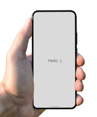 Smartphone in hand on a white background. Blank screen.