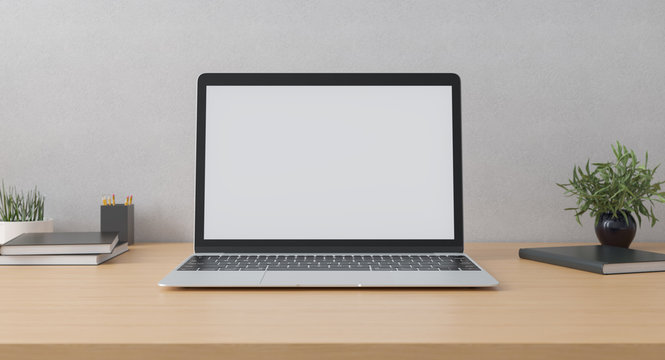 Mockup. Laptop with on the table in modern interior.