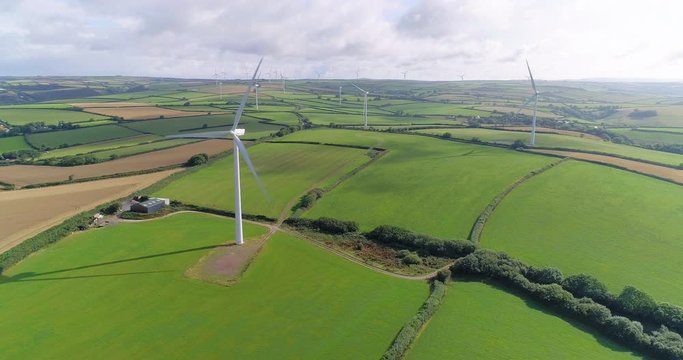 Aerial shot of wind turbines in English countryside