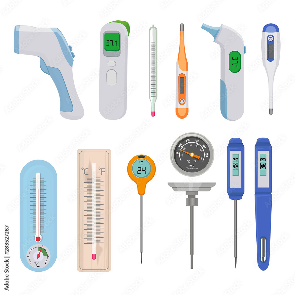 Poster thermometers. difference hot and cold temperature measure counters indicators high and low vector pi