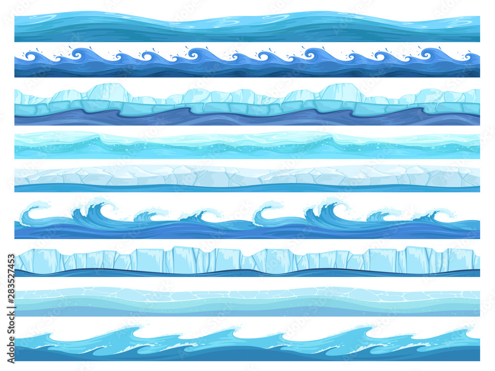 Poster water game seamless. ice ocean sea or river layers parallax ready surface vector ui collection for g