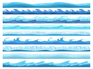 Water game seamless. Ice ocean sea or river layers parallax ready surface vector ui collection for games. UI pattern ice sea or ocean illustration © ONYXprj