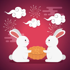 rabbits together with flower cookie and fireworks with clouds