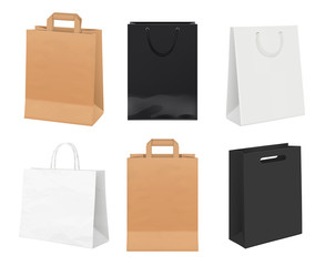 Fototapeta Paper bags empty. Identity packages from white and kraft paper shopping bags vector realistic template. Illustration of bag package for retail, pack made from cardboard obraz