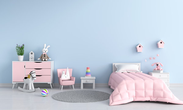 Blue child bedroom interior for mockup, 3D rendering