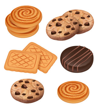 Cookies. Biscuits with chocolate and cream pieces snacks vector cooked sweets vector realistic template. Illustration of biscuit bakery, cookie chocolate