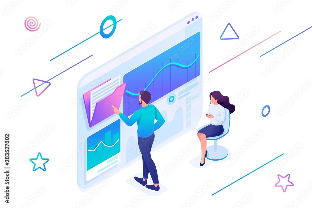 Poster isometric concept young entrepreneurs testing statistical analysis tools on a tablet. concept for we