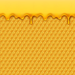 Liquid honey pattern. Bee honeycombs and honey drops syrup natural yellow product seamless vector background. Illustration of honeycomb pattern and yellow honey drip flow