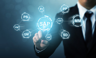 Business management software (SAP). ERP enterprise resources planning system concept - obrazy, fototapety, plakaty