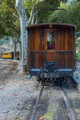 Fototapeta na wymiar old sightseeing train on the platform of the Spanish city of Soller