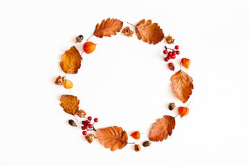 Autumn composition. Wreath made of dried leaves, flowers, rowan berries on white background. Autumn, fall, thanksgiving day concept. Flat lay, top view, copy space
