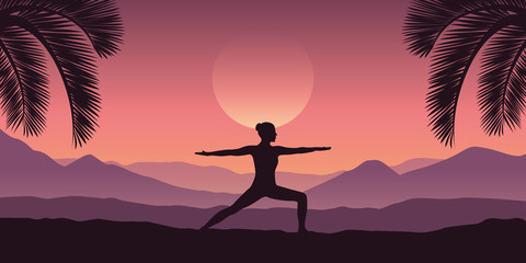 girl makes yoga at tropical red mountain landscape in purple colors vector illustration EPS10