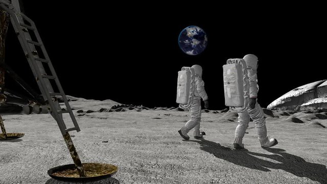 Astronauts Discovers An Alien Ship On The Moon. Conspiracy Theory Concept.