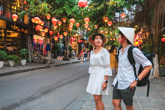 Travel couple at Streets of Hoi An, Vietnam