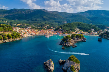 Fototapeta premium Aerial cityscape view of the coastal city of Parga, Greece during the Summer