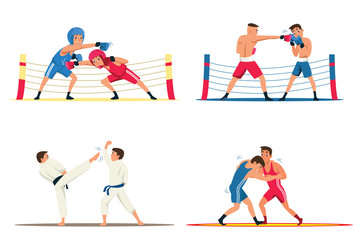 Professional fighters flat illustrations set