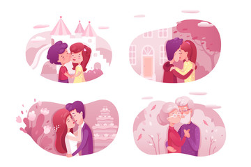 Couples in love kissing vector illustrations set.