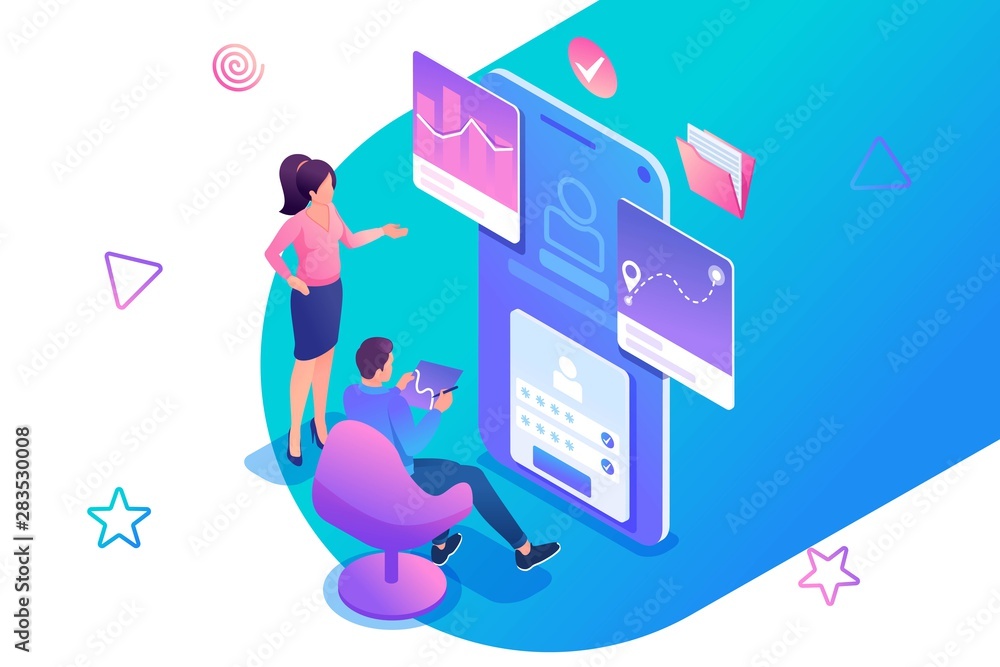 Poster isometric concept young people are engaged in testing the mobile application, the work of the progra
