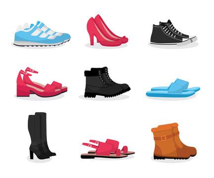 Various shoes flat vector illustrations set