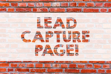 Conceptual hand writing showing Lead Capture Page. Business photo showcasing landing sites that helps collect leads for promotions Brick Wall art like Graffiti motivational written on wall