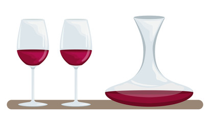 Two glasses of red wine and a decanter of wine. Proper use of wine. Accessories for drinking wine.