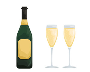 Two glasses of white sparkling wine and a bottle. Proper use of wine.