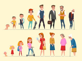 Man and woman life cycle, stages flat vector illustration