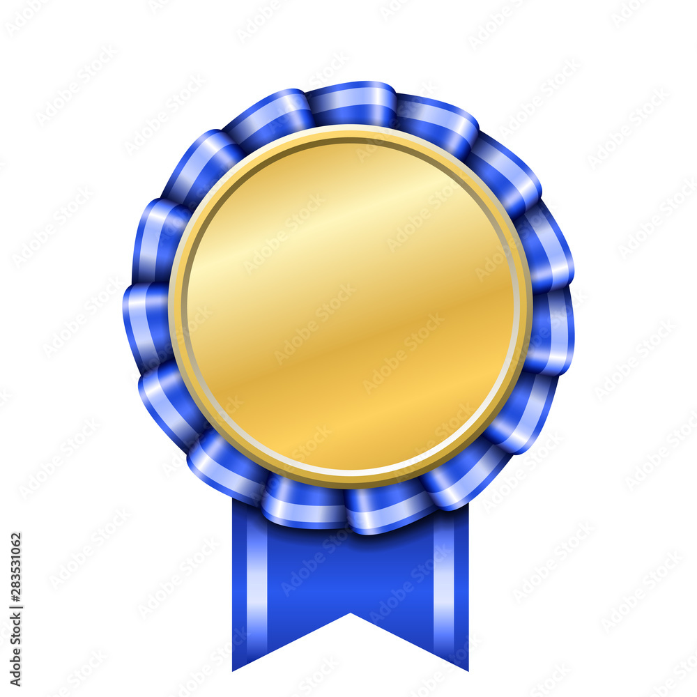 Wall mural Award ribbon gold icon. Golden blue medal design isolated on white background. Symbol of winner celebration, best champion achievement, success trophy seal. Blank rosette element. Vector illustration - Wall murals