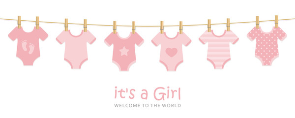 its a girl welcome greeting card for childbirth with hanging baby bodysuits vector illustration EPS10 - obrazy, fototapety, plakaty