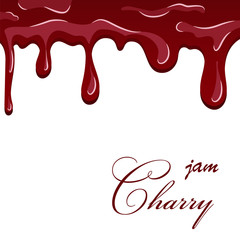Cherry dripping texture. Cherry liquid melted jam, cartoon design, isolated white background. Sweet flow berry cream, fruit decoration pouring. Drop flow yogurt delicious dessert. Vector illustration
