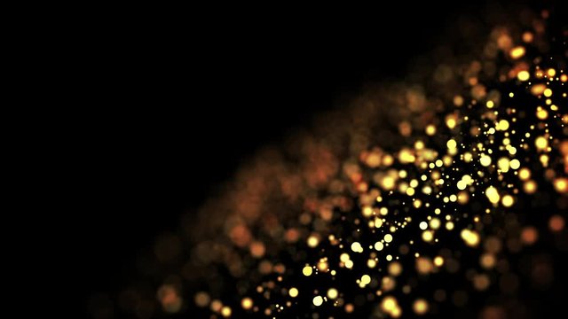 gold shiny sparkling particles move in a viscous liquid. It is bright festive background with glittering particles depth of field, bokeh and luma matte as alpha channel. 4k 3d animation v49