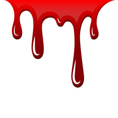 Blood drip 3D. Drop blood isloated white background. Happy Halloween decoration design. Red splatter stain splash spot, horror blot. Bleeding bloodstain scare texture. Liquid paint. Vector illustraton