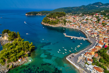 Fototapeta premium Aerial cityscape view of the coastal city of Parga, Greece during the Summer