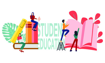 Bright illustration on the topic of student education. Training people. Gaining knowledge from books and the Internet. Students and self-education. Vector