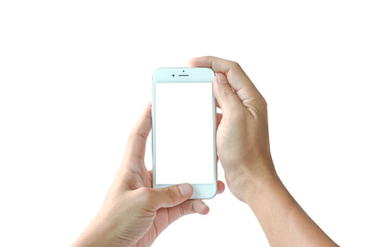 2 Man hand holding white smartphone with white blank screen. Isolated on white background photo.