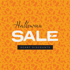 Vintage halloween sale vector banner template with background pattern. Special offers, discounts, deals, seasonal clearance advertisement and promotion.