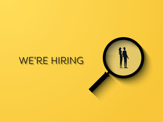 Hiring or recruitment website banner vector template with businessman and businesswoman in magnifying glass. Job vacancy advertisement.