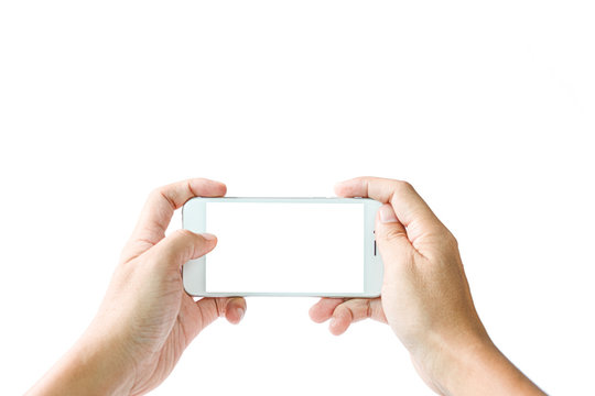 2 Man hand holding white smartphone with white blank screen. Isolated on white background photo.
