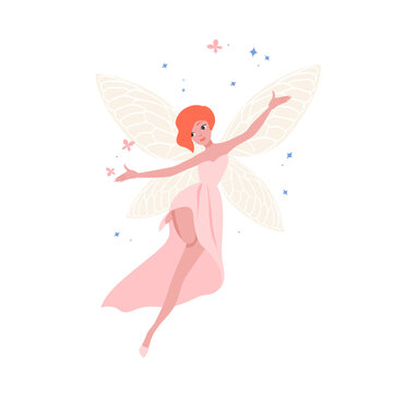 Cute fairy in beautiful gown and with red hair isolated on white background