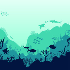 Fototapeta na wymiar Silhouette of fish and algae on the background of reefs. Underwater ocean scene. Deep blue water, coral reef and underwater plants. a beautiful underwater scene; a vector seascape with reef.