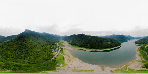 Fototapeta na wymiar Damyang, South Korea - 24 July 2019 Damyang Lake 360 Aerial Panoramic view of Lake in Damyang. VR content..